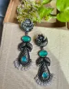 Oxidised Green Stone, Pearl Beads, Drop Earrings for Women & Girls