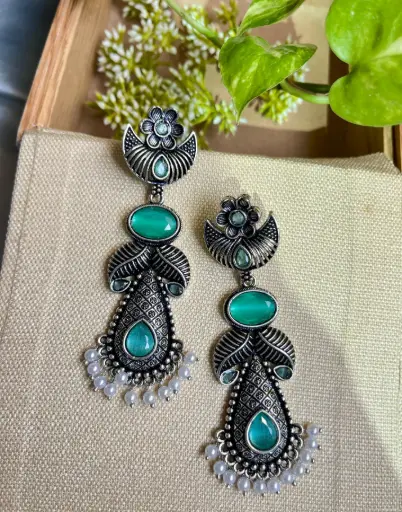 Oxidised Green Stone, Pearl Beads, Drop Earrings for Women & Girls